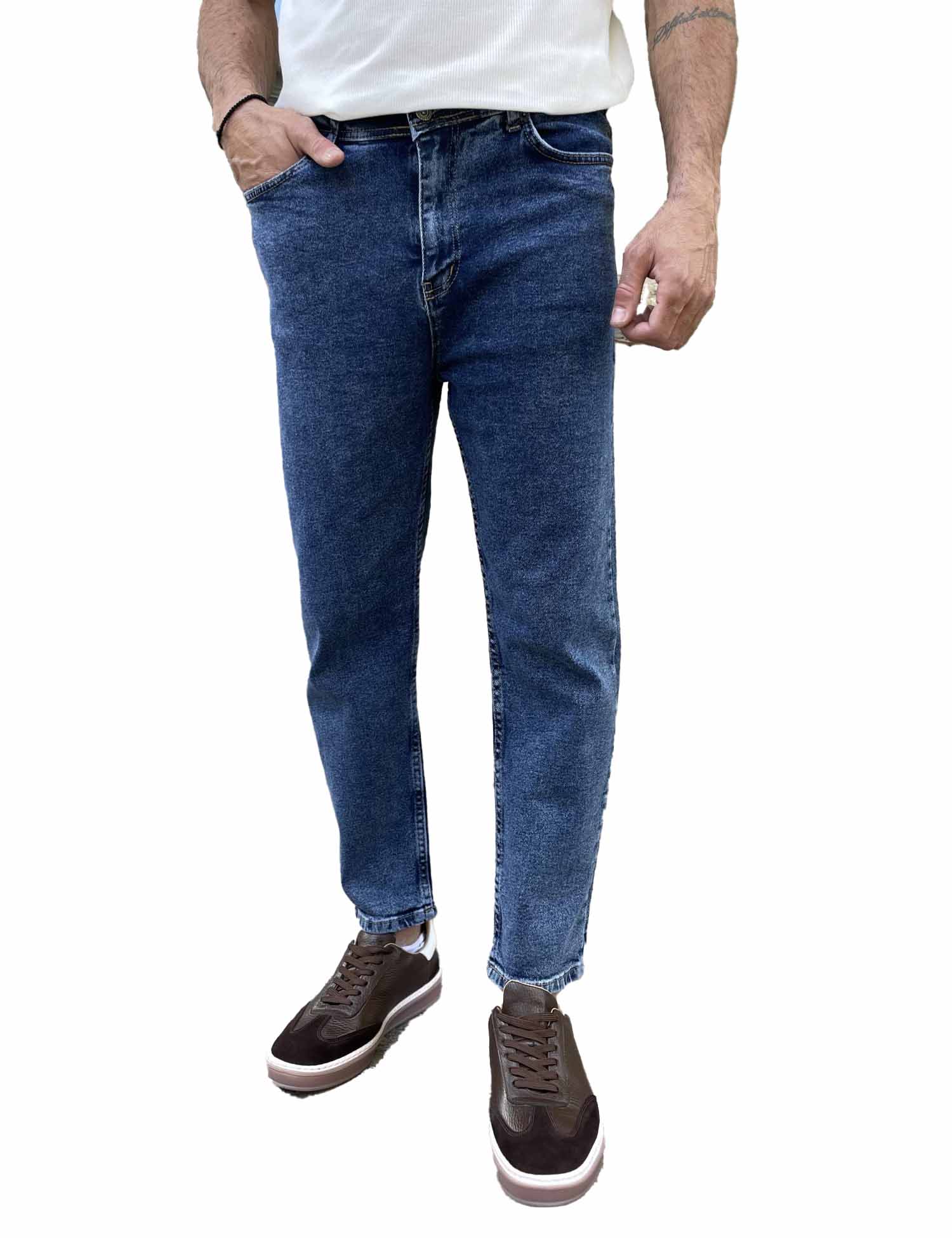 Ανδρικό μπλε σκούρο Loose τζιν ελαστικό πεντάτσεπο με φερμουάρ 8948 φωτογραφία